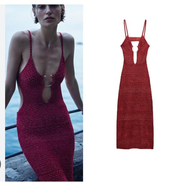 Zara BUCKLED CUT‎ OUT red KNIT DRESS size small - Picture 1 of 7